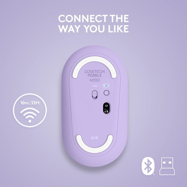 Logitech M350 Pebble trådløs mus med Bluetooth eller 2,4 GHz-modtager, lydløs, slank computermus med stille klik Purple