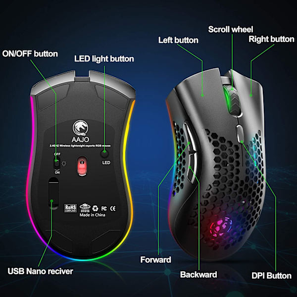 Trådlös spelmus, uppladdningsbar, USB-spelmus, RGB Ch