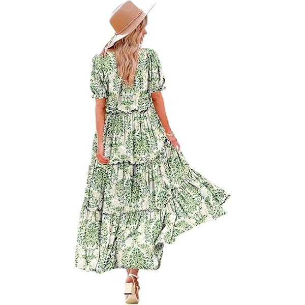Sommer Casual Bohemske Blomsterkjoler for Kvinner Puff Korte Ermer Lang Maxikjole med Lommer L