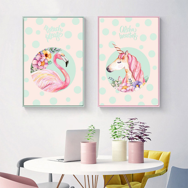 Enhjørninger og flamingoer vægkunst lærredstryk plakat, enkel mode dame stil A