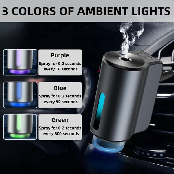 Smart billuftfrisker-diffuser – 3 justerbare moduser, 3 stk eterisk olje inkludert (langvarig)