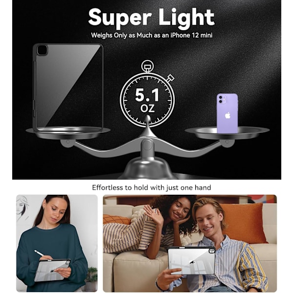 Fodral för 2024 iPad Pro-11 tum - M4 5:e generationens iPad-fodral med pennhållare, Stöder Pencil Pro, Transparent baksida, Sh0ck Black ipad pro 11M4