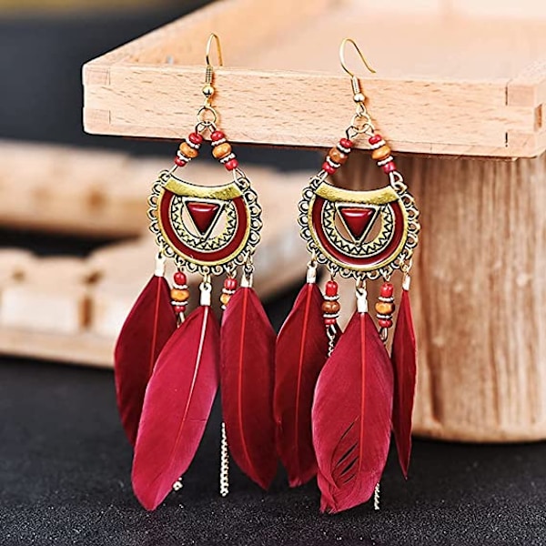 Kvinnors Faux Feather Örhängen Bohemian Fringe Tassel