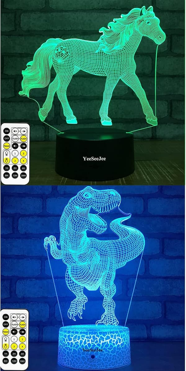 Hest + Dinosaur 3D nattlys (2-i-1 pakke)