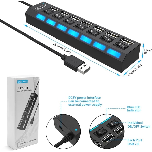 Multi-port USB-hub splitter, 7-port USB 2.0-hub til bærbar computer, USB-port-ekspander med tænd/sluk-knap til alle USB-enheder