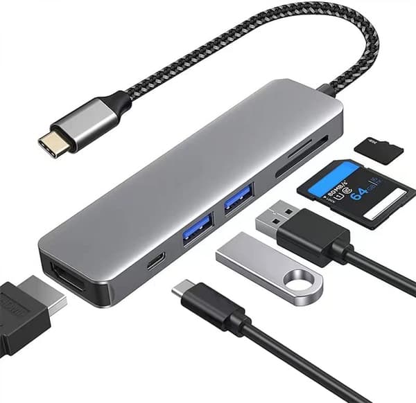 6 i 1 USB C Hub Multiport Adaptere, Mac Dongle med 4K HDMI, 100W Hurtiglading, USB-C og 3 USB-A 5Gbps Dataport, USB 2.0
