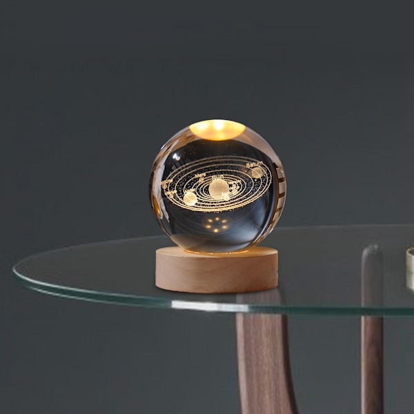 3D Planet Kristallkula, med Träbas, 3D Kristall LED Nattlampa, Rymdgalaxen Kristallkula, 3D Graverad Solsystem Planeter Kristallkula med LED L