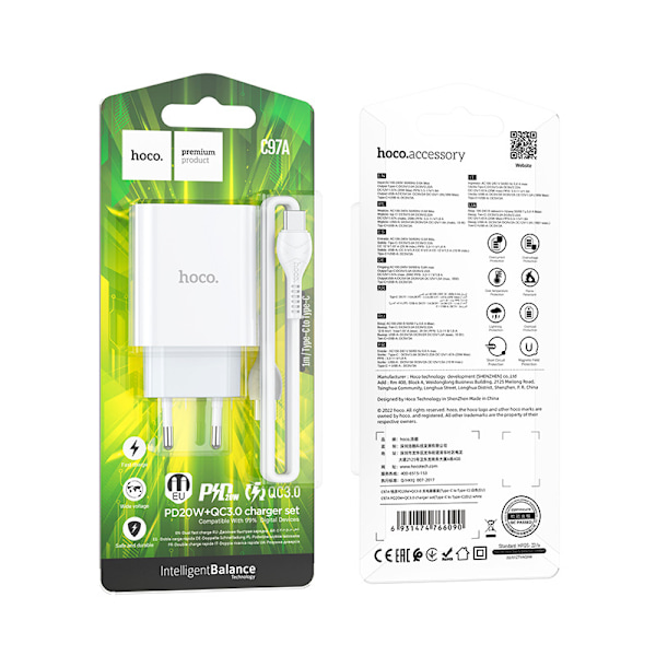 hoco. C97A Europeisk standard PD20W+QC3.0 laddare för iPhone1