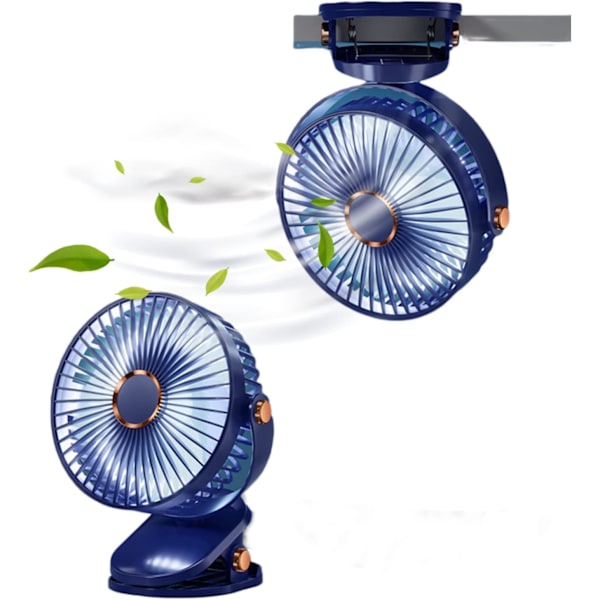 Bordventilator med klemme og lys, USB genopladelig 2400mAh, 5 hastighedsniveauer, bærbar personlig ventilator 6 tommer, camping, hjem, rejse, indendørs