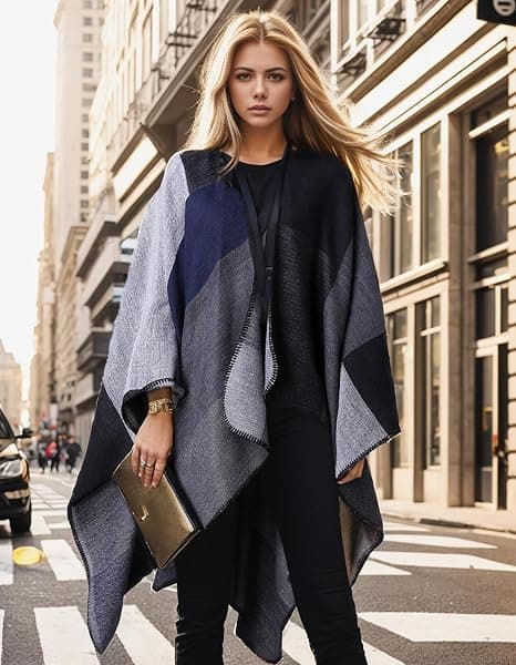 Werwing Dame Farveblok Sjal Wrap Åben Front Poncho Cape Oversized Afslappet Efterår Vinter Sweater Cardigan, Sort Black