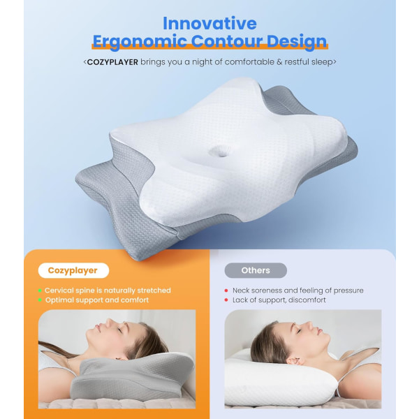 Ultra smärtlindrande kylkudde för nackstöd, justerbar nackkudde mysig sömn, luktfri ergonomisk kontur minnesskumkuddar, ortoped Grey