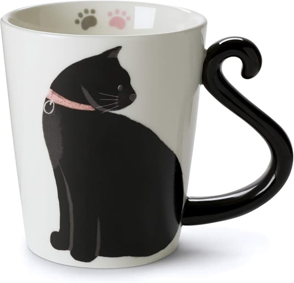 Håndlaget keramisk kattekrus - Hvit kaffe-/tekopp med trykt dyredesign, søt håndlaget gave til katteelskere (menn og kvinner)