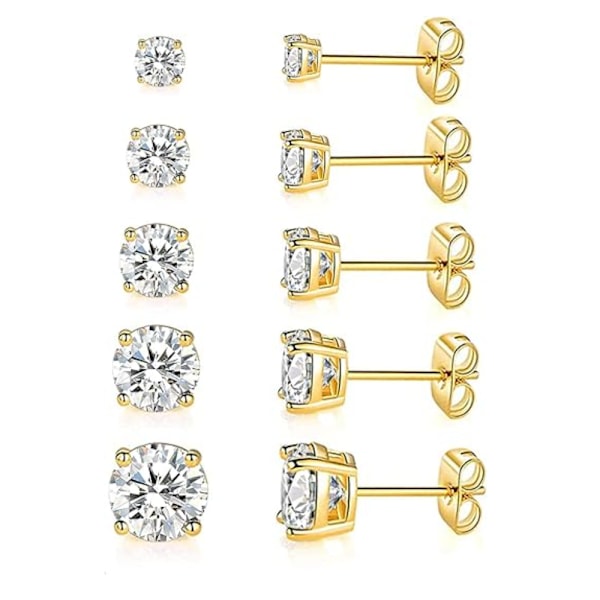 5 Par Örhängen Set 18K Guldpläterade 3-7MM Runda Cubic Zirconia Örhängen Hypoallergena Örhängen för Kvinnor