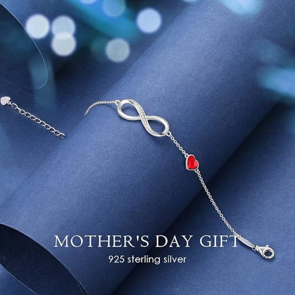 Uendelig Hjerte Fødselssten Armbånd for Kvinner 925 Sterling Sølv Justerbar Morsdag Jubileum Bursdagsgaver for Kvinner Kone Kjæreste Red