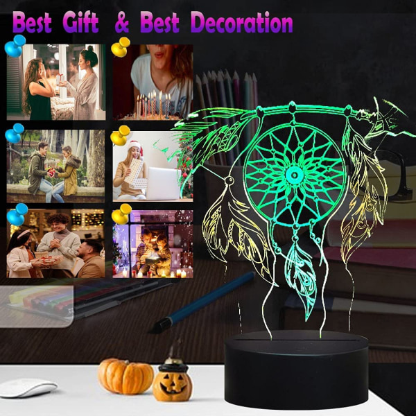 Dream Catcher 3D LED Nattljus Dubbel färgglad fjäder Circu