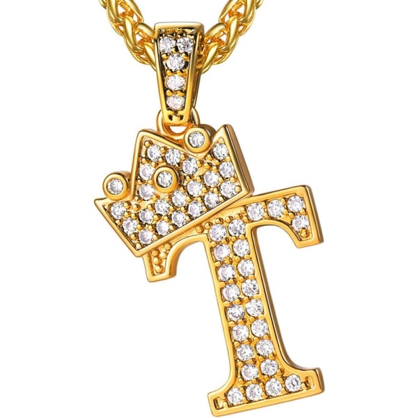 Krone Initial A-Z Halskjede, Iced Out Bokstavanheng med 22-24 Tommers Kjede, Menn Kvinner Bling Hip Hop Alfabet Navn Smykker Gave Store Initialer Halskjeder T 18K Gold