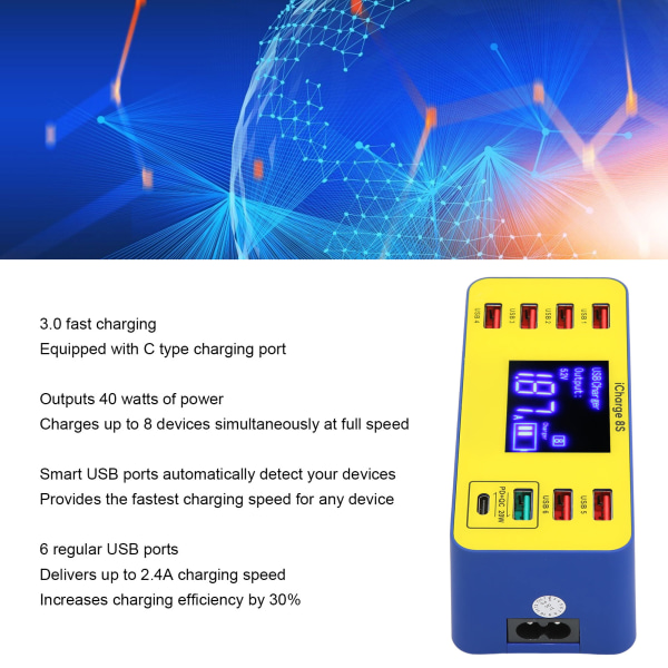 8-ports opladningsstation 40W hurtigopladning multi-port USB-hub-oplader med LCD-digitalt display 100-240V EU-stik