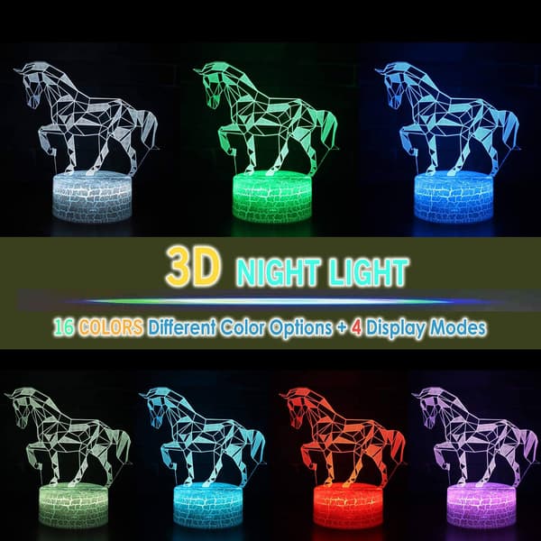Heste Dyr 3D Illusion LED Dekorationslampe Natlampe, 16 Farver