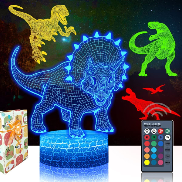 4 st 3D Triceratops LED-lampa, cool 3D Tyrannosaurus Rex Pte