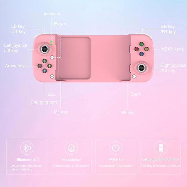 Bluetooth-kontroller for iPhone, Android, direkte avspilling, lav ventetid, telefonkontroller-spillkontroller-joystick for Galaxy S23 S22 S21 20 Ultra, iPhone 14 13 1 Pink