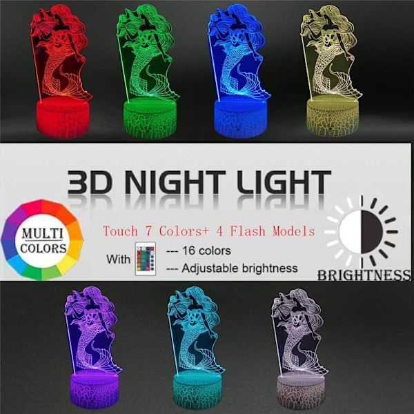 3D-illusionlampa med sjöjungfru för barn, prinsessnattslampa (3 mönster) 16 färger som ändras med beröring och fjärrkontroll