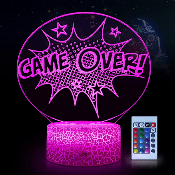 Game Over Lampe Spillentusiaster Nattlys Videospillrom Dekor, Dimbar Nattlys/16 Fargeendring/Fjernkontroll & Berøringskontroll