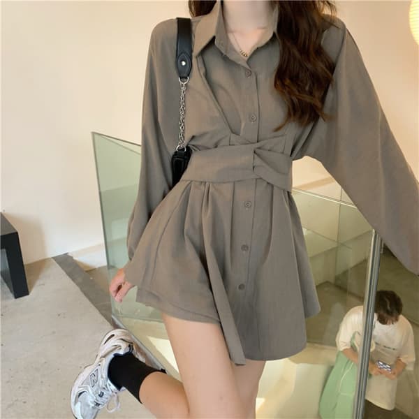 Belted Button up Collar Summer Short Shirt Dress(Grøn)