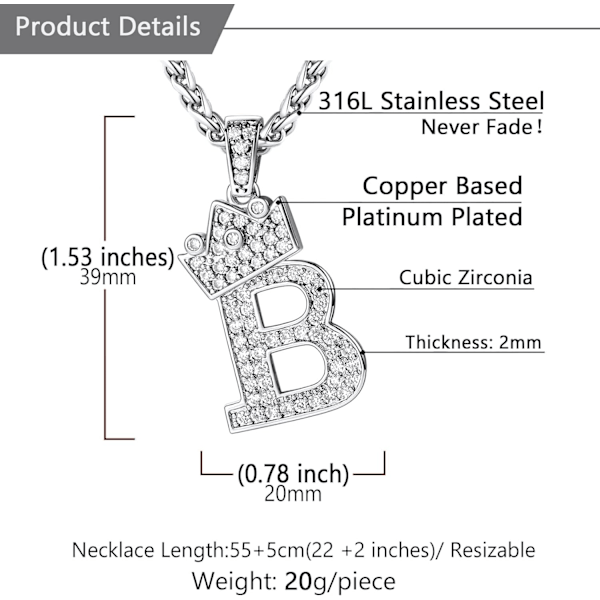 Krone Initial A-Z Halskæde, Iced Out Bogstav Vedhæng med 22-24 Tommer Kæde, Mænd Kvinder Bling Hip Hop Alfabet Navn Smykker Gave Store Initialer Halskæder B Silver