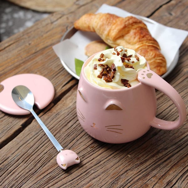Katt Krus Søt Kaffekrus gave til katteelskere Keramisk Kopp, Nyhet Krus med Lokk og Rustfritt Stål Skje, Jule Bursdagsgaver P Pink