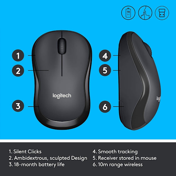 Logitech M220 HILJAINEN Langaton Hiiri, 2,4 GHz USB-vastaanottimella, 1000 DPI Optinen Seuranta, 18 Kuukauden Akku, Molemminpuolinen, Yhteensopiva PC:n, Macin, Kannettavan kanssa Blue