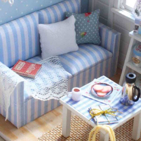 Diy Dukkehuse Miniature Dukkehus Legetøj I Træ Til Børn Fødselsdagsgave Blue