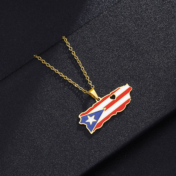 Rostfritt stål Puerto Rico Heart Map hänge halsband, Fash