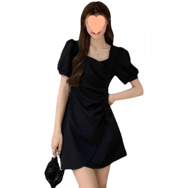 Färg fyrkantig chiffongklänning kortärmad klänning (svart L)
