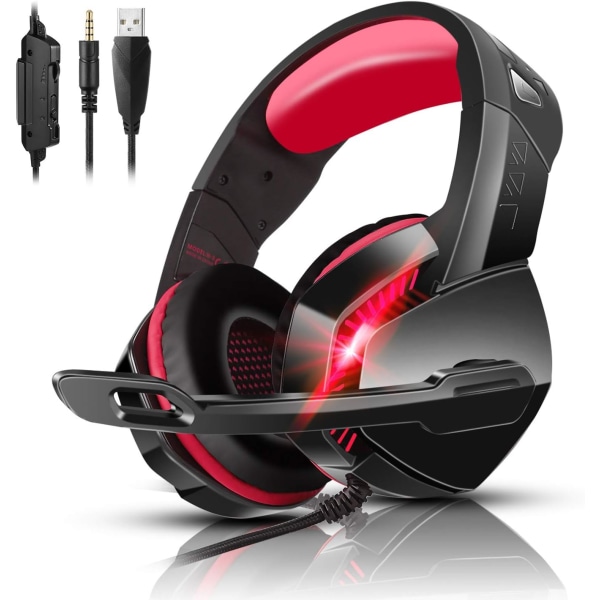 PS4 Gaming Headset med 7.1 Surround Sound, PC Headset med Noise Cancelling Mic og LED-lys, H3 Over Ear-hovedtelefoner til Nintendo Switch, PS5, Xbox On Black Red