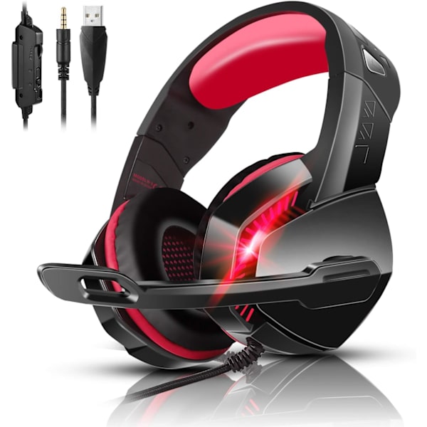 PS4 Gaming Headset med 7.1 Surround Sound, PC Headset med støjreducerende mikrofon og LED-lys, H3 Over Ear-hovedtelefoner til Nintendo Switch, PS5, Xbox On Black Red
