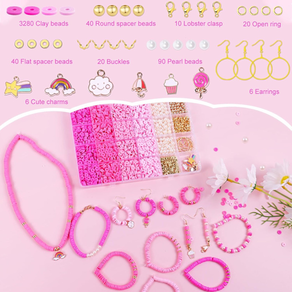 3500 stk. lyserødt lerperlesæt til armbåndsfremstilling, polymer Heishi-perler til smykkefremstilling, venskabsarmbåndssæt til piger og voksne, afstandsperle Pink
