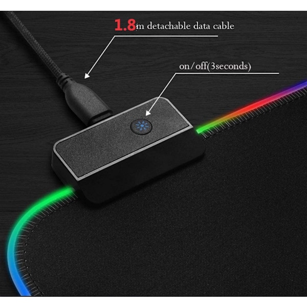 RGB Gaming Mouse Pad, 14 Lystilstande, LED-belyst skrivebordsunderlag med strømsluk hukommelsesfunktion, skridsikker gummibase og vandtæt belægning