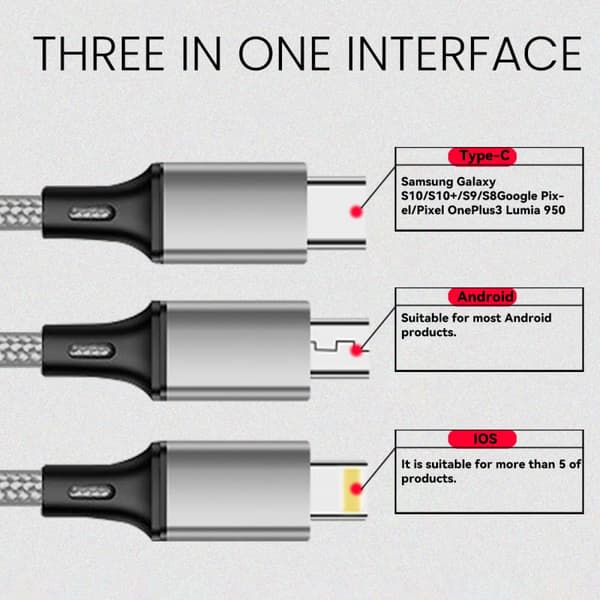 Universal 3-i-1 nylonflettet USB-ladekabel, 1,2 m