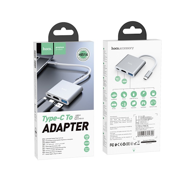 hoco. HB14 Type-C Konverter Type-C til USB3.0 +HDMI+PD Aluminiumlegering Adapter