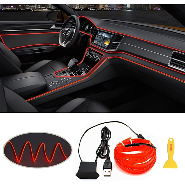 Auton sisätilojen LED-nauhavalot, USB-neonvalo, vilkkuva elektroluminesenssijohtovalo 6 mm:n ompelureunalla, tunnelmavalaistussarjat (5 m/16,5 jalkaa, punainen)