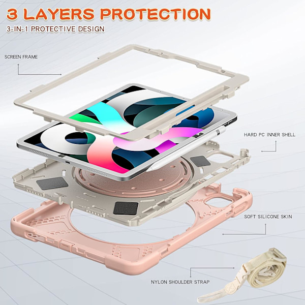 Kotelo iPad Air 11 tuumalle 2024 (M2) ， Tablettikotelo kynätelineellä/pyörivällä jalustalla/olkahihnalla Rose Gold New iPad Air 11 2024
