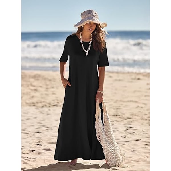 Dame 2025 Forår Sommer Afslappet Maxikjole Strandferie Kortærmet Rund Hals Basic Lang T-shirt Kjoler M