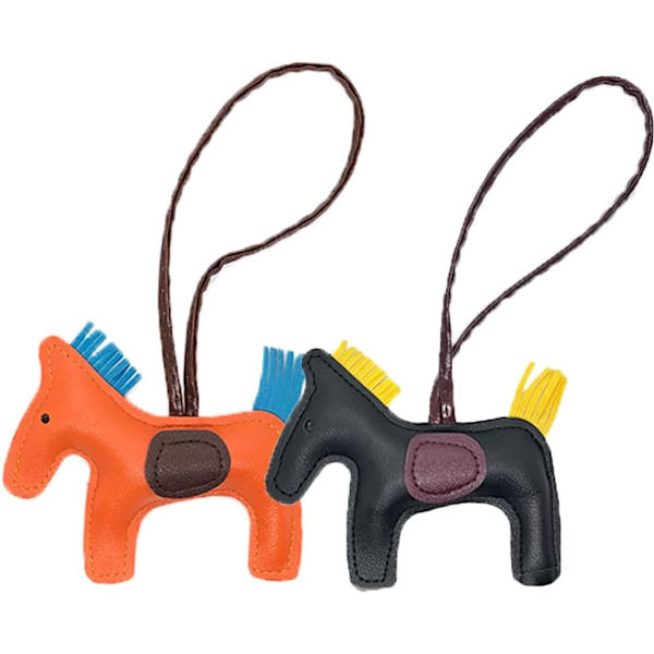 Läder Tassel Pony Nyckelring Läder sydd häst styling söt mode väska tillbehör Black + Orange