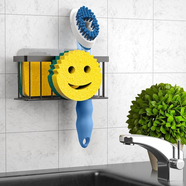 Smiley Face Svamphållare & Diskställ - 2 Sugproppar + Självhäftande Rem Kitchen Organizer för Svamp, Tvål & Diskborste