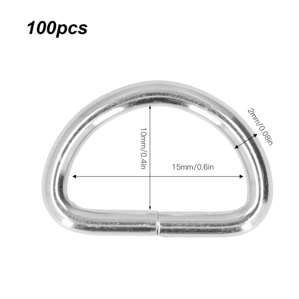 100 stk D-ringer - Slitesterke, bærbare, enkle å bytte ut, praktiske, kompakte veskespenner for halskjeder 2x15x10mm Silver