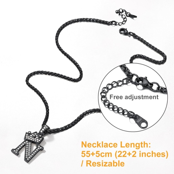 Krone Initial A-Z Halskjede, Iced Out Bokstavanheng med 22-24 Tommers Kjede, Menn Kvinner Bling Hip Hop Alfabet Navn Smykker Gave Store Initialer Halskjeder N Black