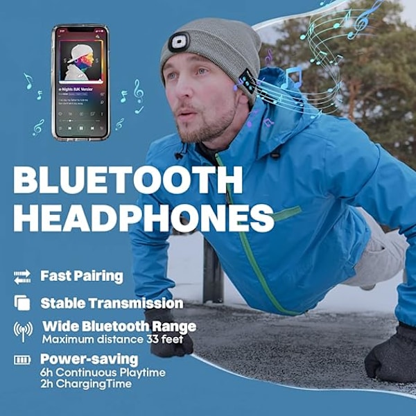 Bluetooth-mössa med lampa, pannlampa med hörlurar och inbyggd mikrofon, gåvor till män kvinnor tonåringar Grey