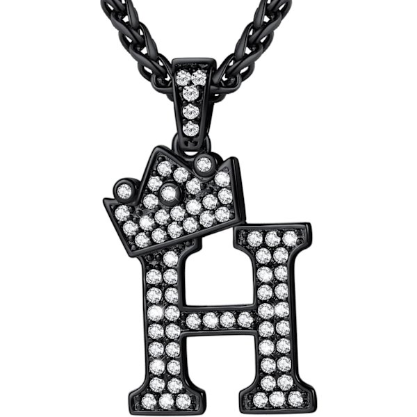 Krone Initial A-Z Halskæde, Iced Out Bogstav Vedhæng med 22-24 Tommer Kæde, Mænd Kvinder Bling Hip Hop Alfabet Navn Smykker Gave Store Initialer Halskæder H Black
