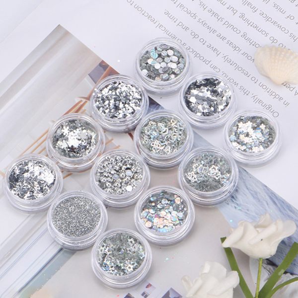 12 rutnät glitter paljetter set handgjorda DIY nagelkonst glitter paljetter dekaler set 3D nagelkonst dekorationer Silver