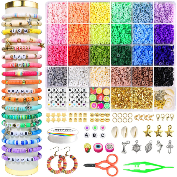 4200 stk Clay Beads Armbånd Making Kit, Friendship Preppy Flat Polymer Heishi Beads Smykkesett med sjarm, gaver til tenåringsjenter Håndverk for jenter